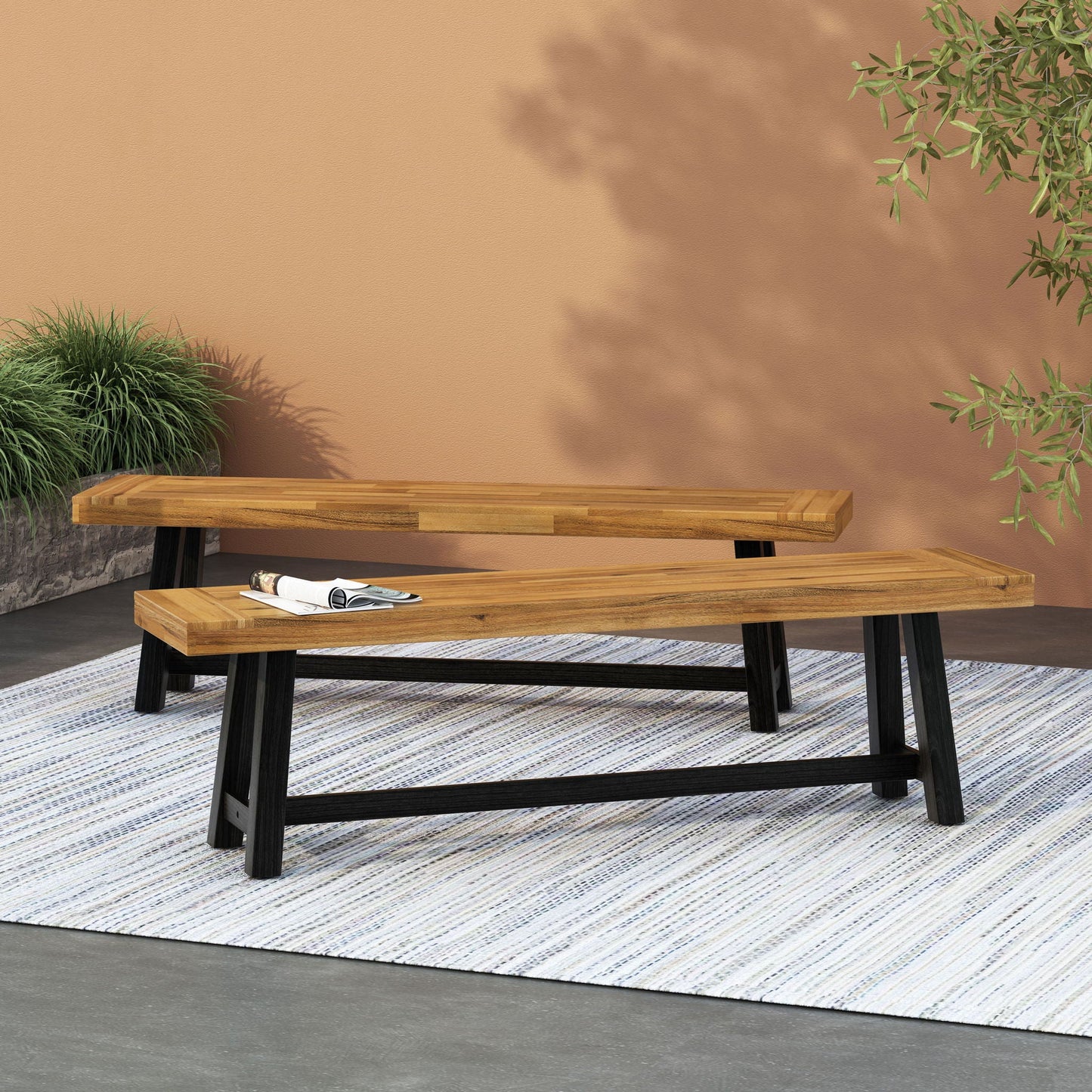 Cloud Outdoor Bench With Acacia Wood Frame And Slat Panel Design