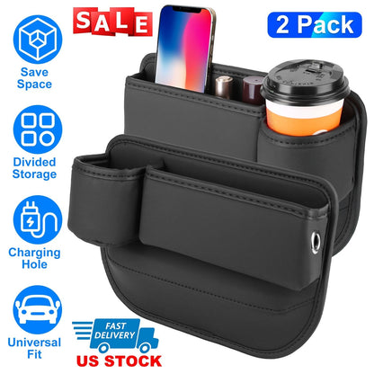2 Pack Car Seat Gap Filler Organizer Car Leather Cup Holder Gap Bag Universal Car Seat Storage Black for Placing Keys Cards Phones Drinks Lipstick