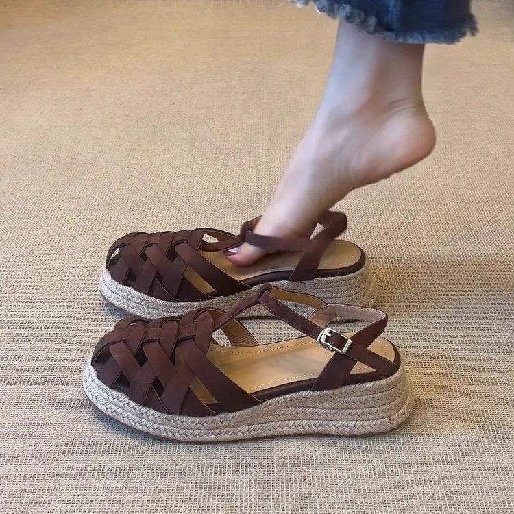 Woven Linen Casual Ethnic Vintage Chic Sporty Sandals With A Comfortable Thick Wedge Sole