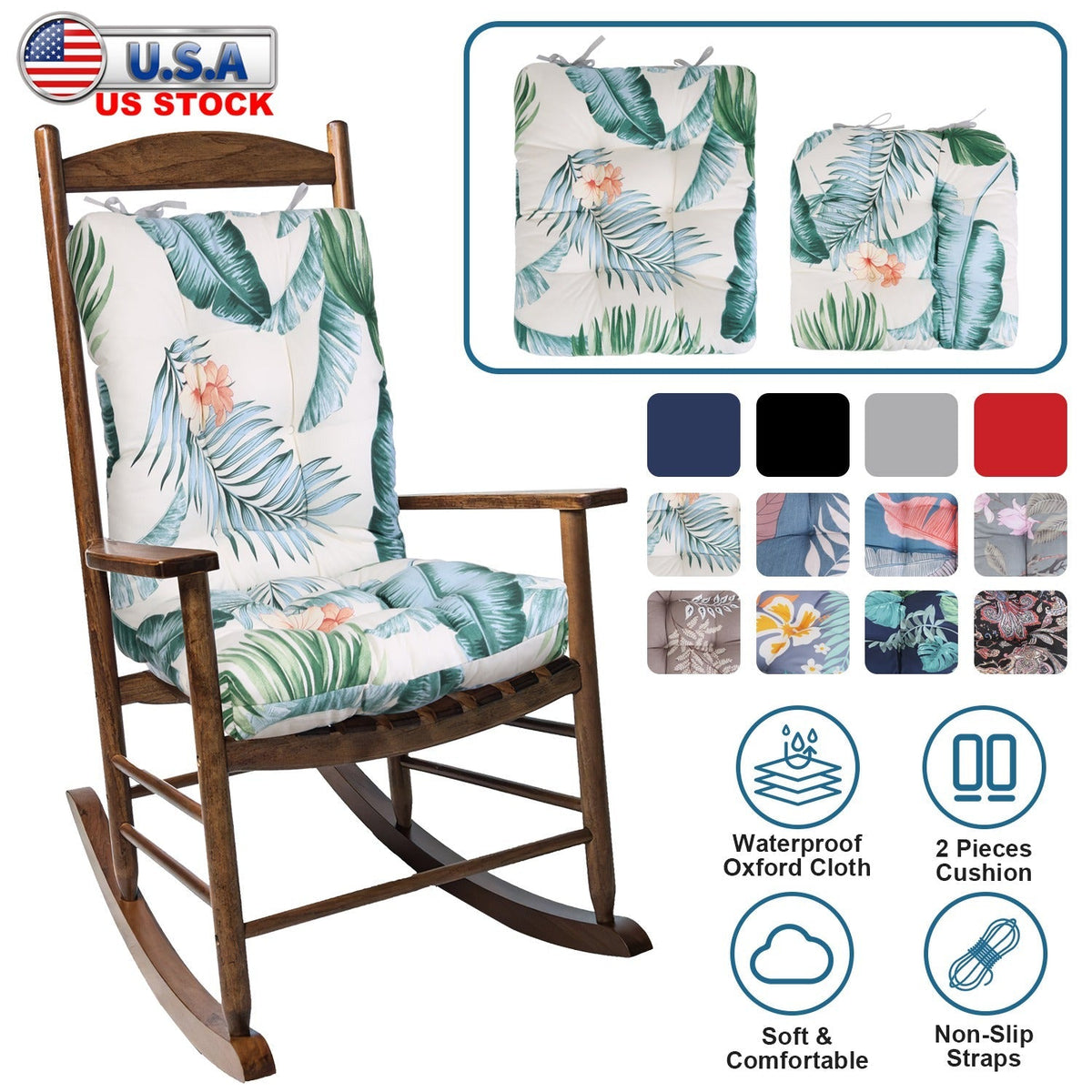 2Pcs Waterproof Rocking Chair Cushion Upper And Lower Back And Seat Sets with Non-Slip Ties Oxford Cloth Surface Polyester Filling Comfortable for Ind