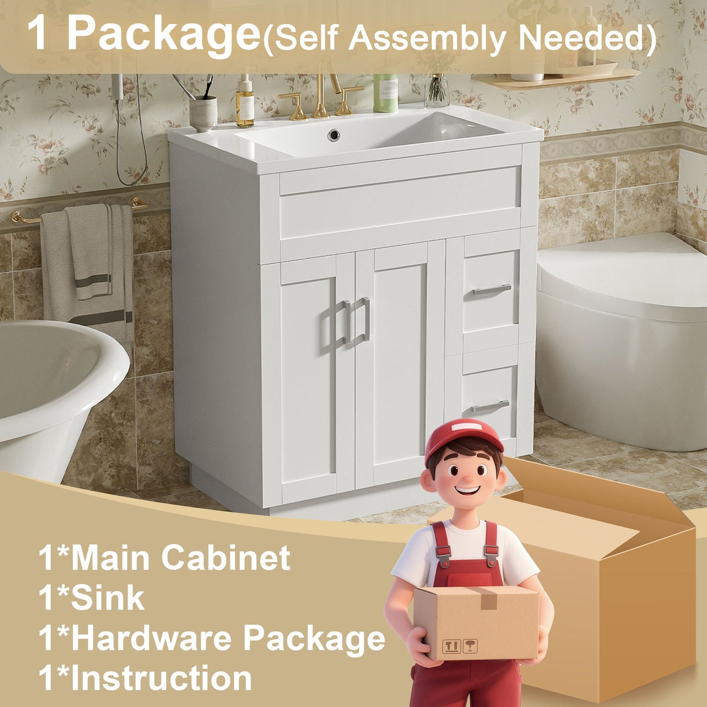 Bathroom Vanity With 2 Doors, 2 Drawers, Adjustable Shelf, Hidden Slides & Soft Close Hinges