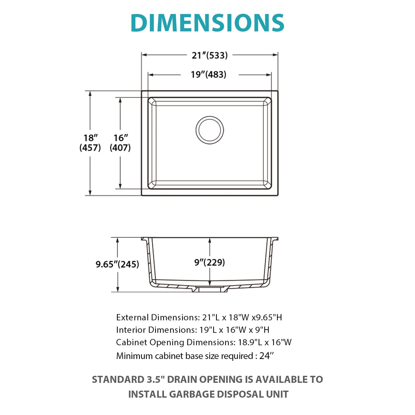 Quartz Kitchen Sink - 21" x 18" x 9.65"