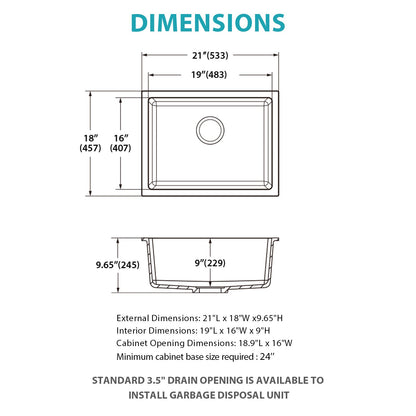 Quartz Kitchen Sink - 21" x 18" x 9.65"