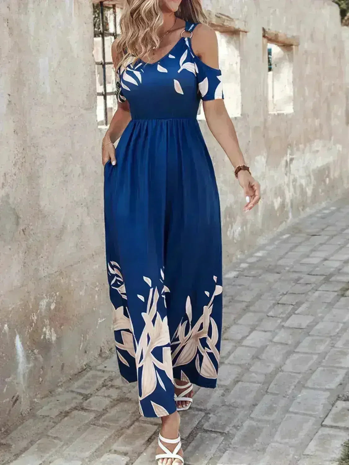 Printed Cold Shoulder Maxi Dress - Stylish Polyester Dress | Femstylo