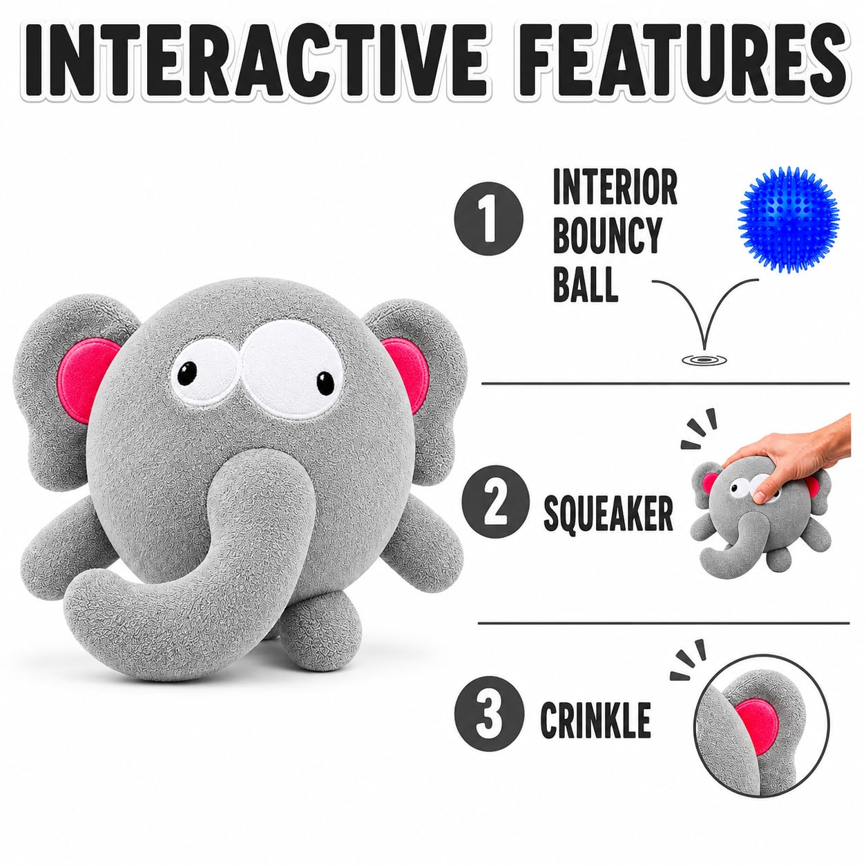 Dog Toy For Aggressive Chewers  No Stuffing Crinkle Plush 3-in-1 Elephant , Durable Squeaky Bouncy Chew Ball Cleans Teeth, Power Chewer Puppy Teething Medium Large Breed Gift