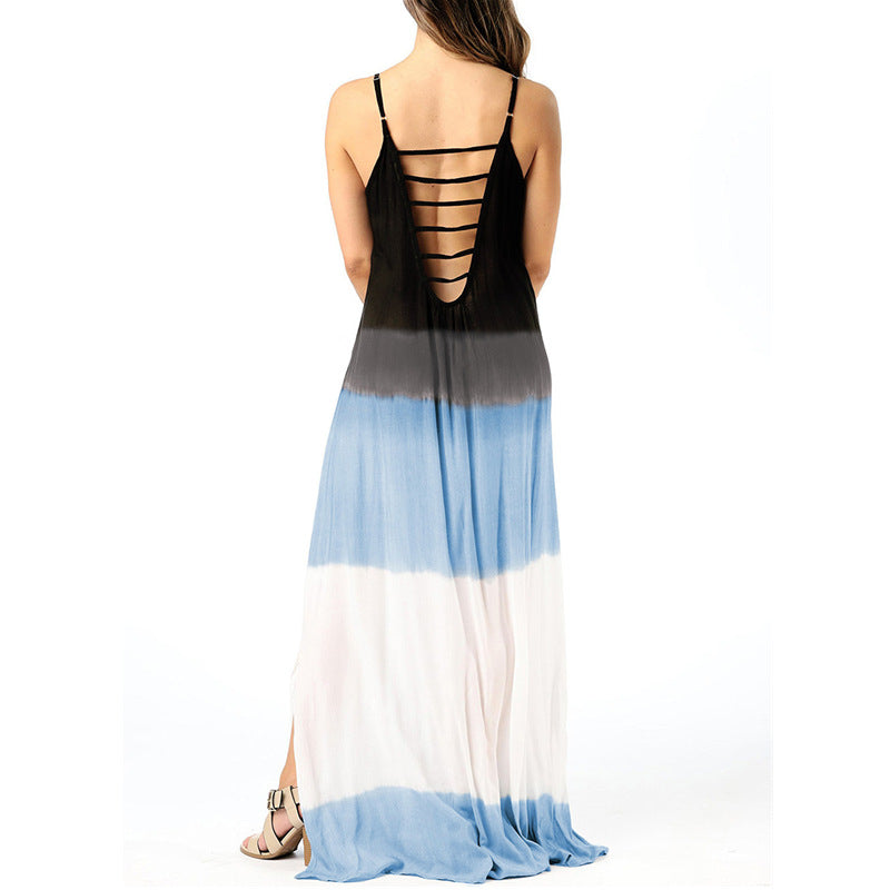 New Blue tie dye pattern Summer Strap Loose Split Vest Dress for women