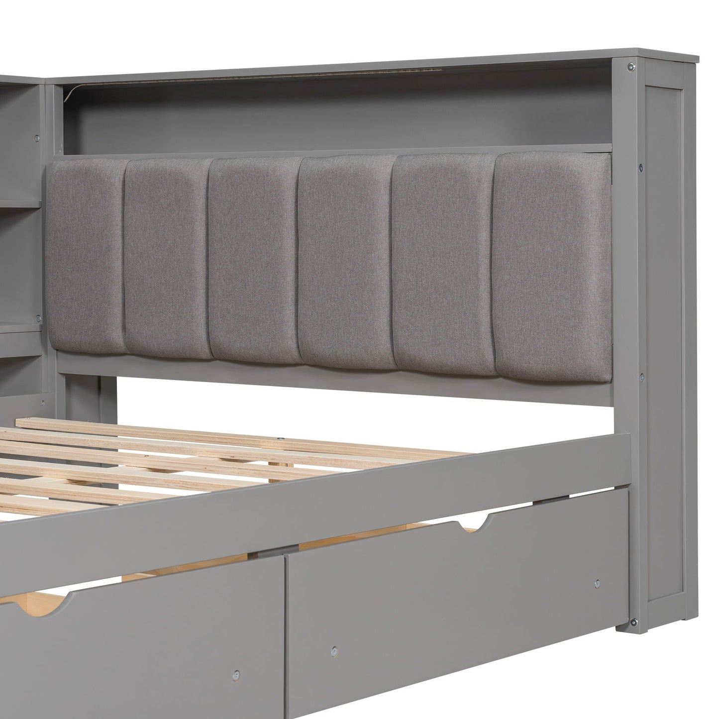 Platform Bed With Upholstered Headboard, Storage Shelves, Drawers, Charging Station, LED Lighting, Built In Desk