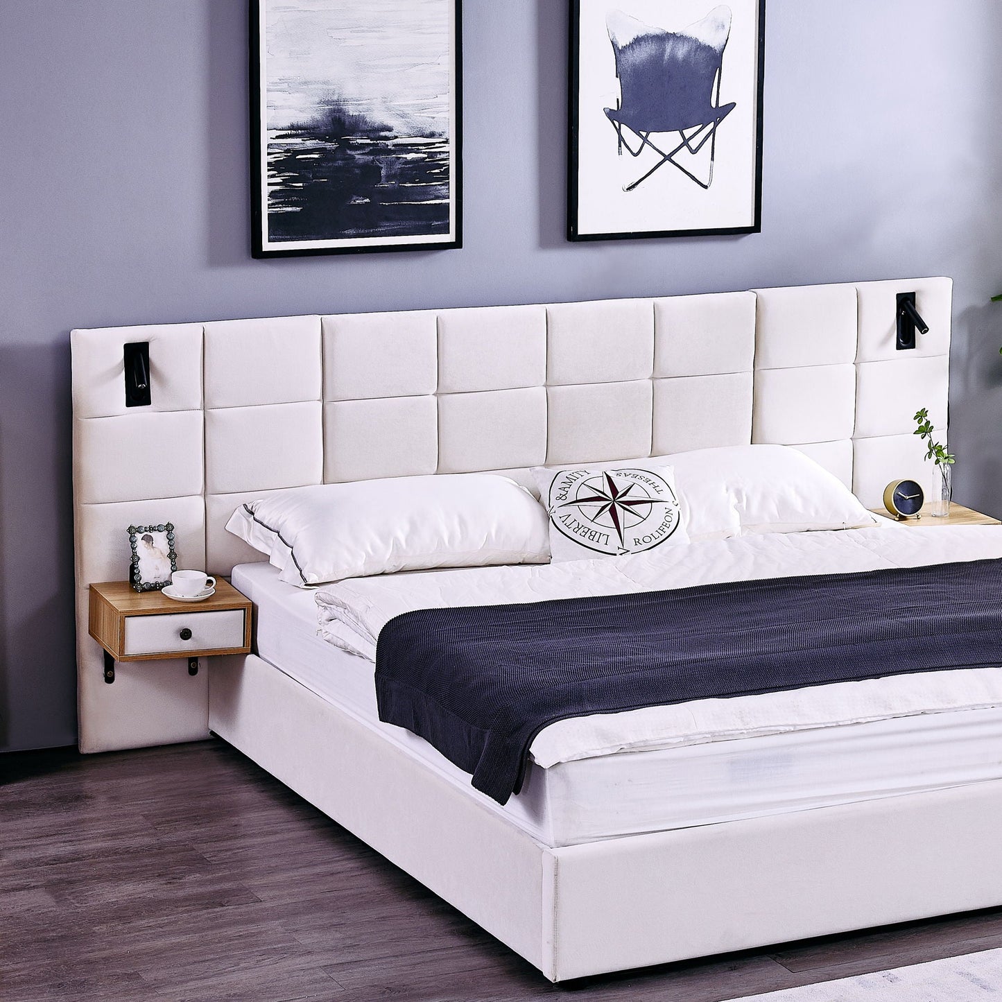 Upholstered Hydraulic Platform Bed With Storage Shelves, Reading Lamps, USB Port