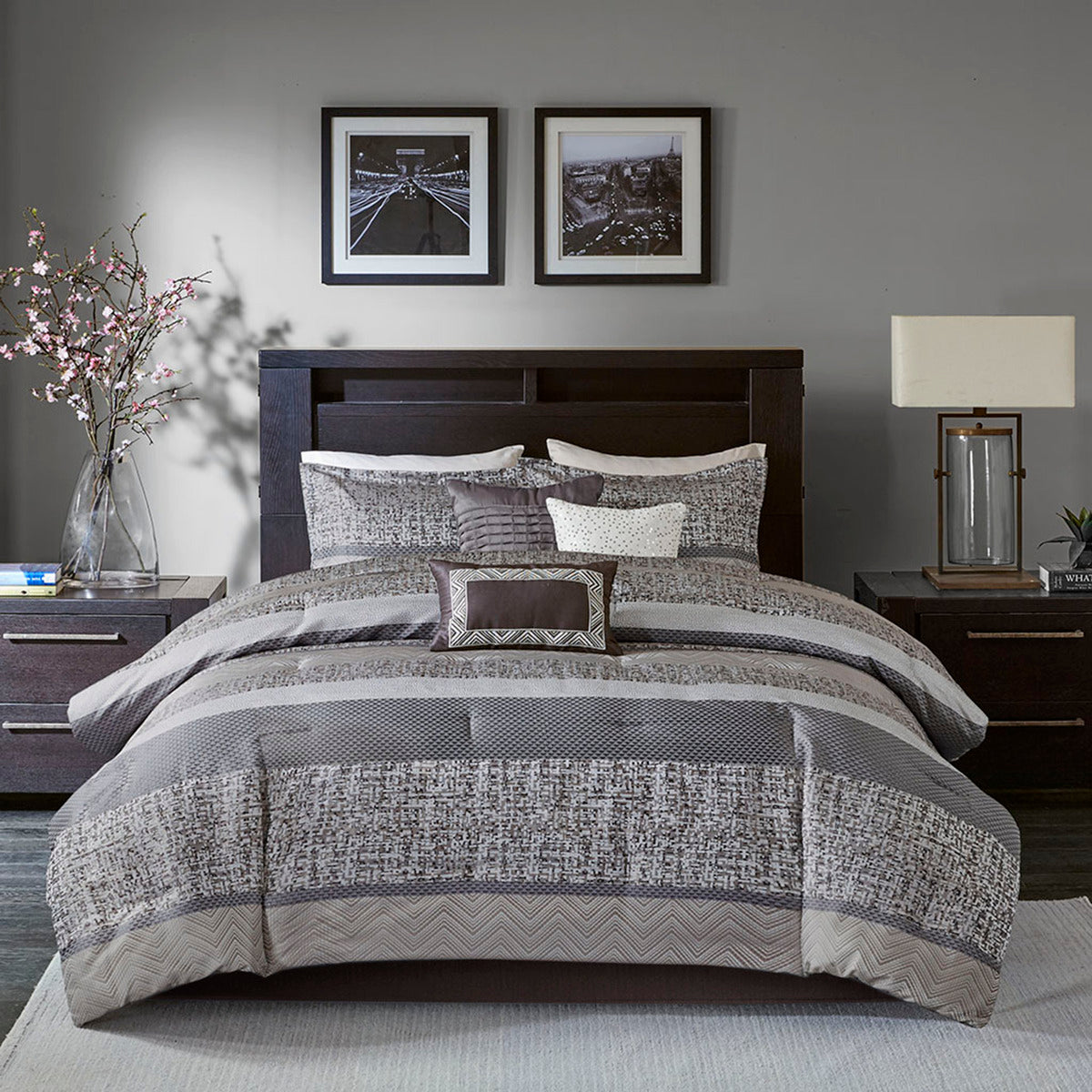 7 Piece Jacquard Comforter Set Grey Taupe King