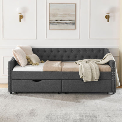 Upholstered Tufted Daybed With 2 Drawers, Waved Arms