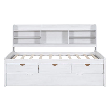Captain Bed With Built In Bookshelves, 3 Storage Drawers, And Trundle