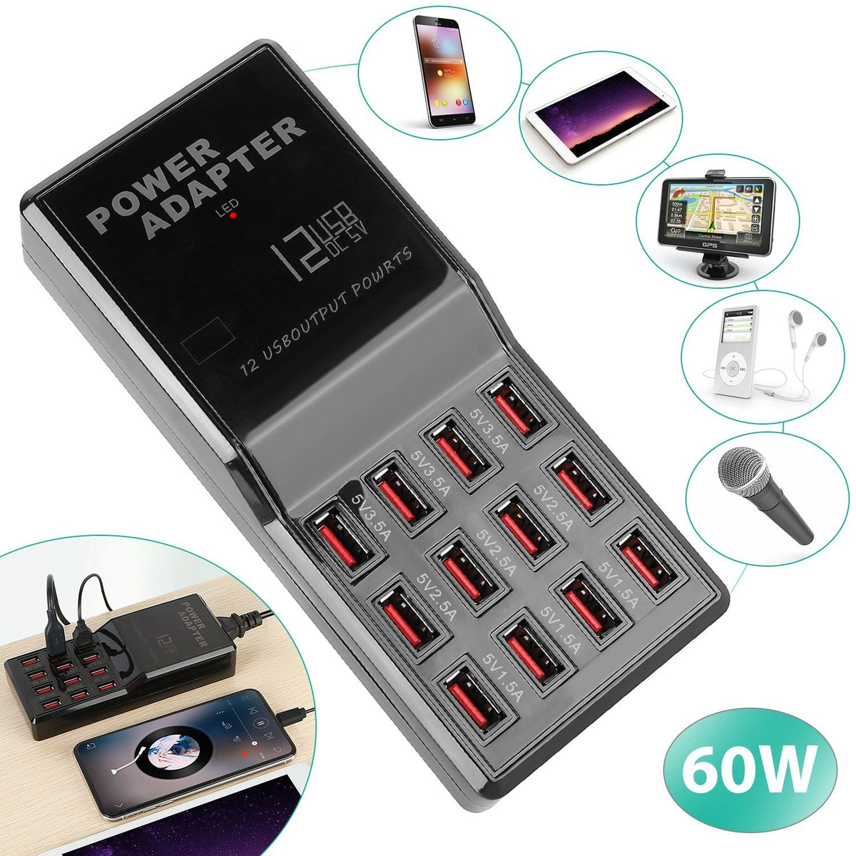 Multi 12 Port USB Charging Station Hub 60W Desktop USB Hub Multiple USB Charger Fast Charge For iPod iPhone 3.74ft Power Cord
