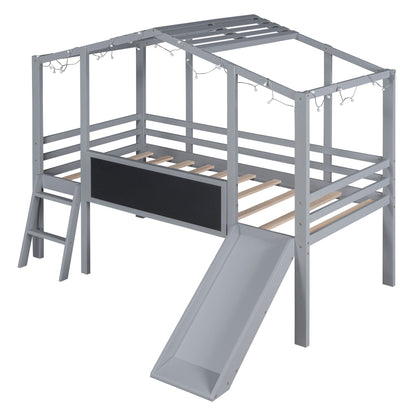 Loft House Bed With Ladder And Slide, With board And Light Strip On The Roof