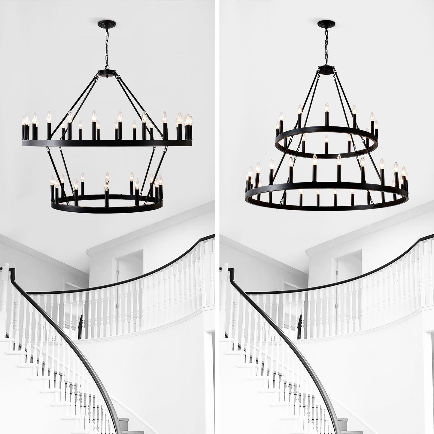 2 Tiers Wagon Wheel Chandelier Wooden Farmhouse 36 Light (24 / 12) Or (12 / 24) Metal Chandeliers 2 Story Light Fixtures Industrial For High Ceiling Living Dining Room Foyer, Adjustable Height - Black