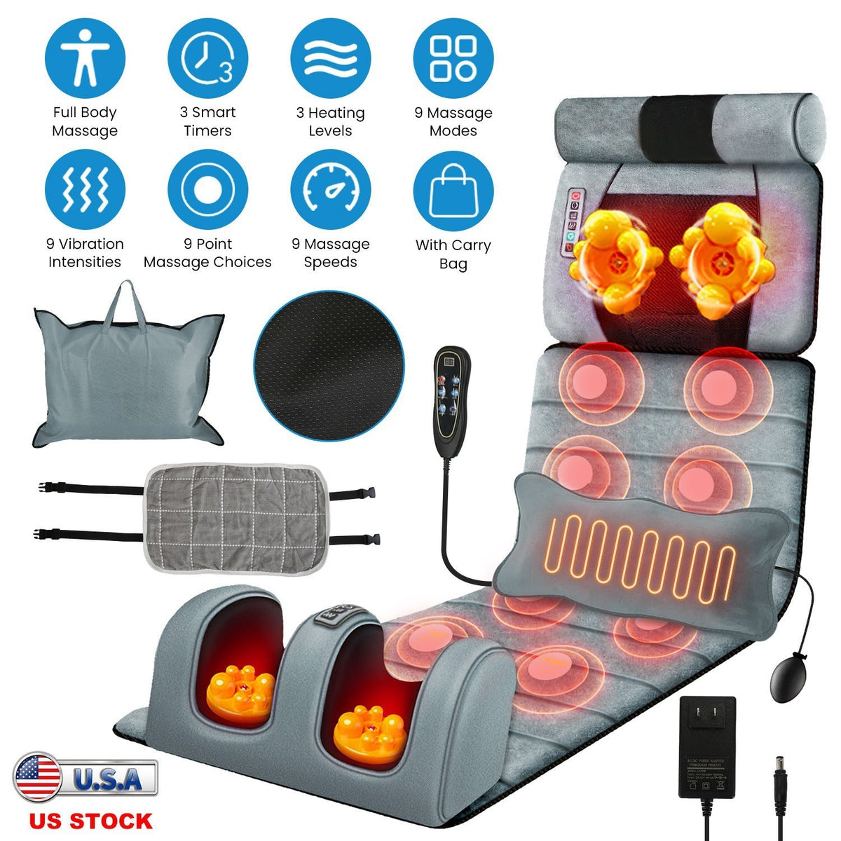 Full Body Electric Massage Mat Heating Vibration Massage Pad Cushion Back Massage Mattress Chair Pad with Neck Foot Massage Head Pillow and Cloth Lumb