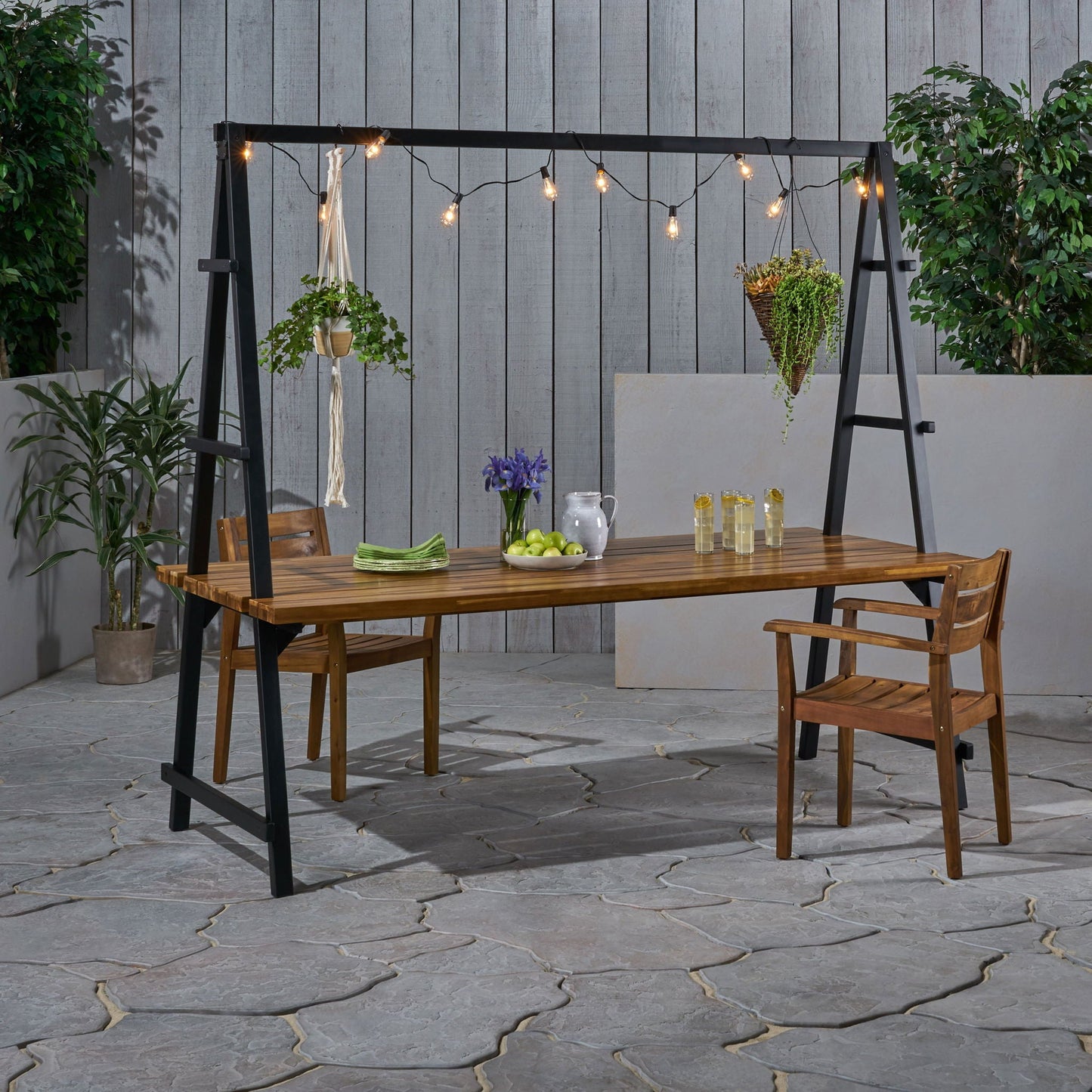 Huckleberry - Acacia Wood Outdoor Dining Table with Plant Hanger - Teak