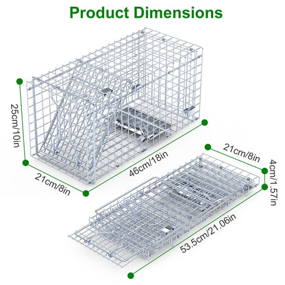 2Pcs 18x8x10In Humane Single Door Live Animal Trap Collapsible Galvanized Iron Animal Cage Catch And Release for Small Squirrel Raccoon Feral Cat Weas
