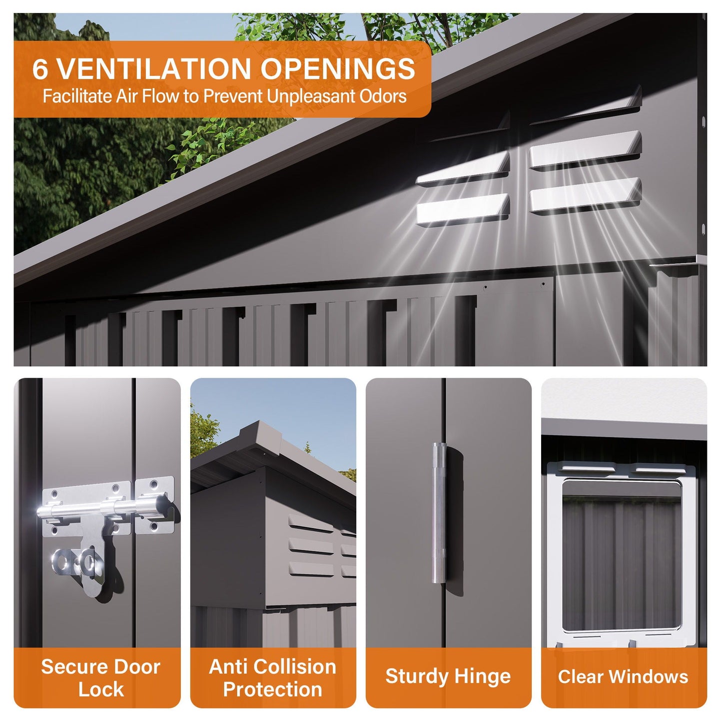Outdoor Storage Shed, Tool House With Sloping Roof, 6 Vents And 2 Swing Doors For Backyard - Gray