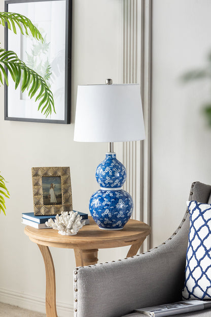 D13x25.7' Blue and White Round Two-Tiered Ceramic Vase Lamp