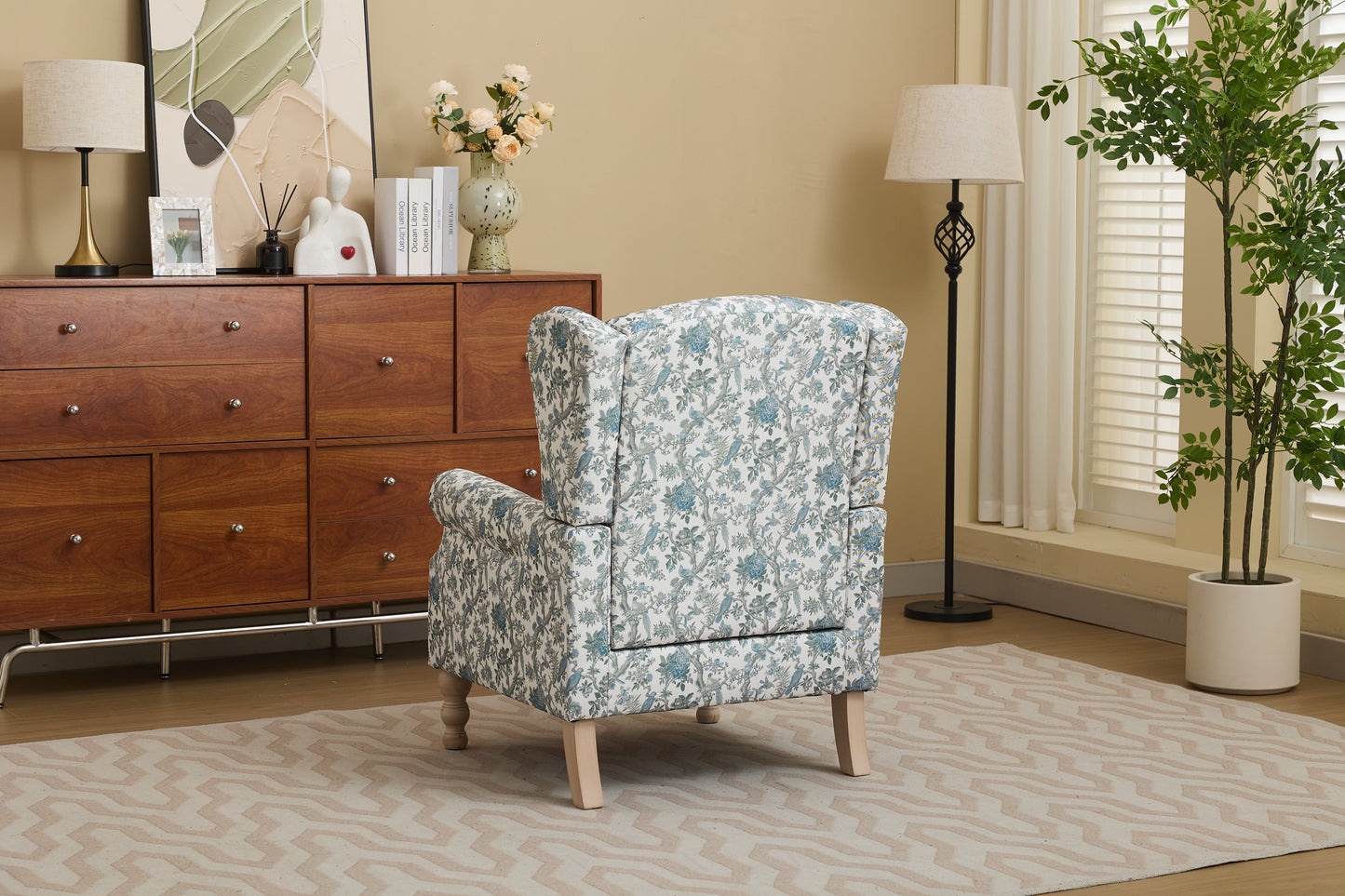 Modern Accent Chair with Retro Wood Legs and Floral Design