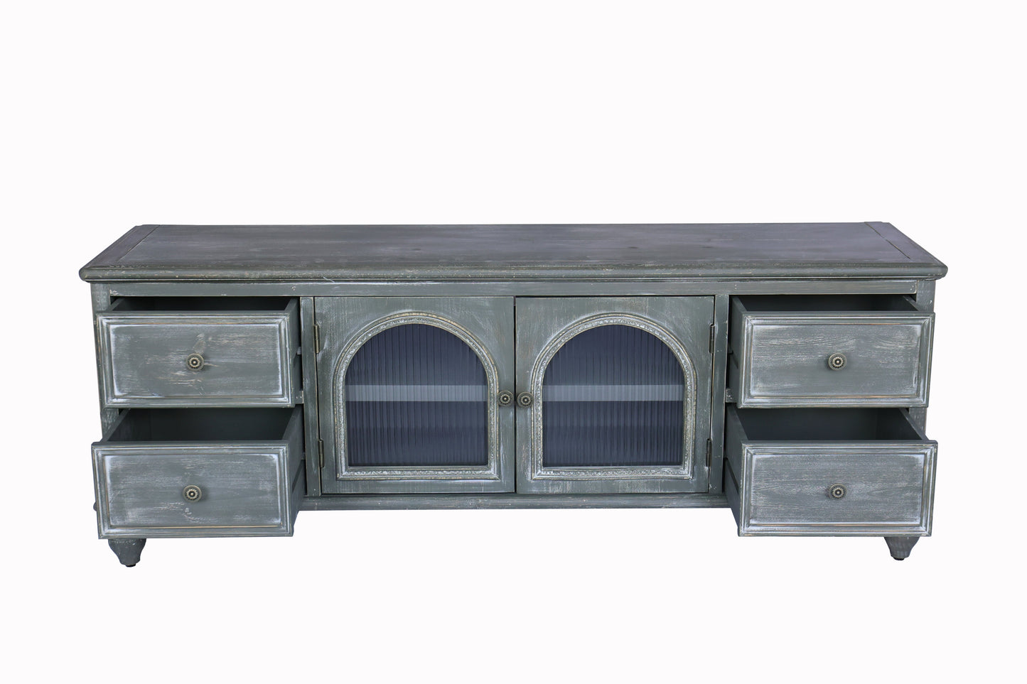 60" Farmhouse TV Stand with 4 Drawers & Glass Doors