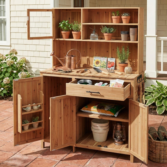 TOPAMX Potting Bench with Hutch, Solid Fir Wood Garden Workstation
