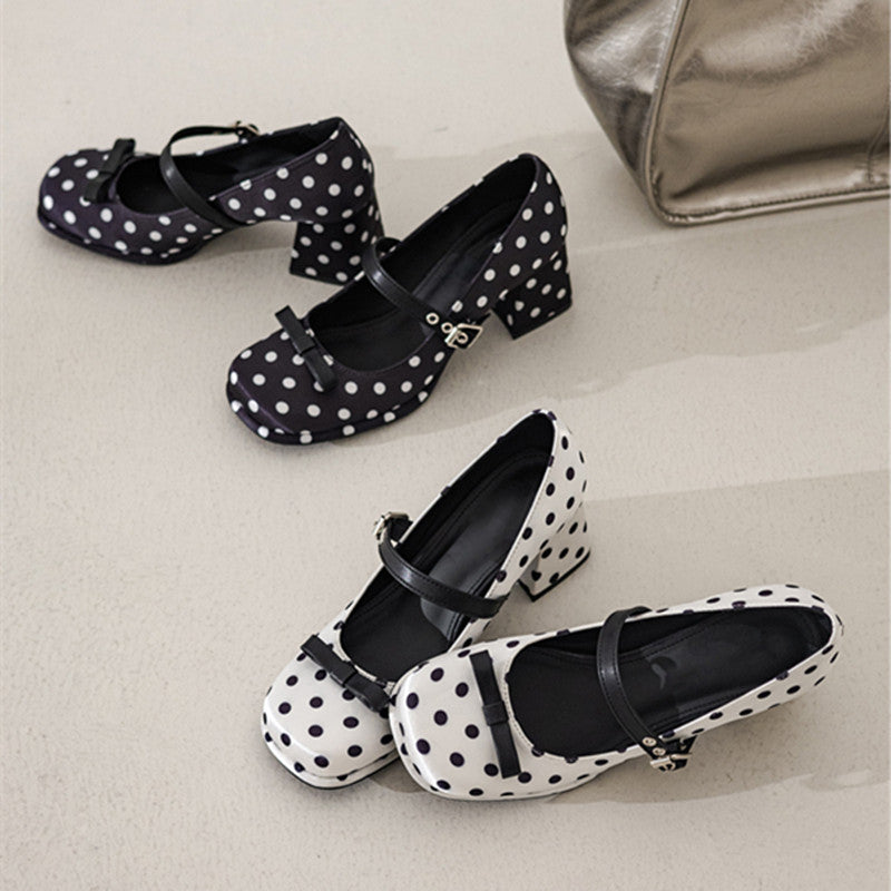 Fashionable Polka Dot Bow Mary Jane Shoes For Women In Spring, Sweet And Stylish, Thick Soled, Thick Heel, Single Button Small Fragrant High Heels