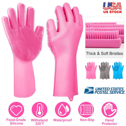1 Pair Magic Silicone Brush Dishwashing Gloves Cleaning Sponge Pet Scrubber Heat Resistant Wash Gloves