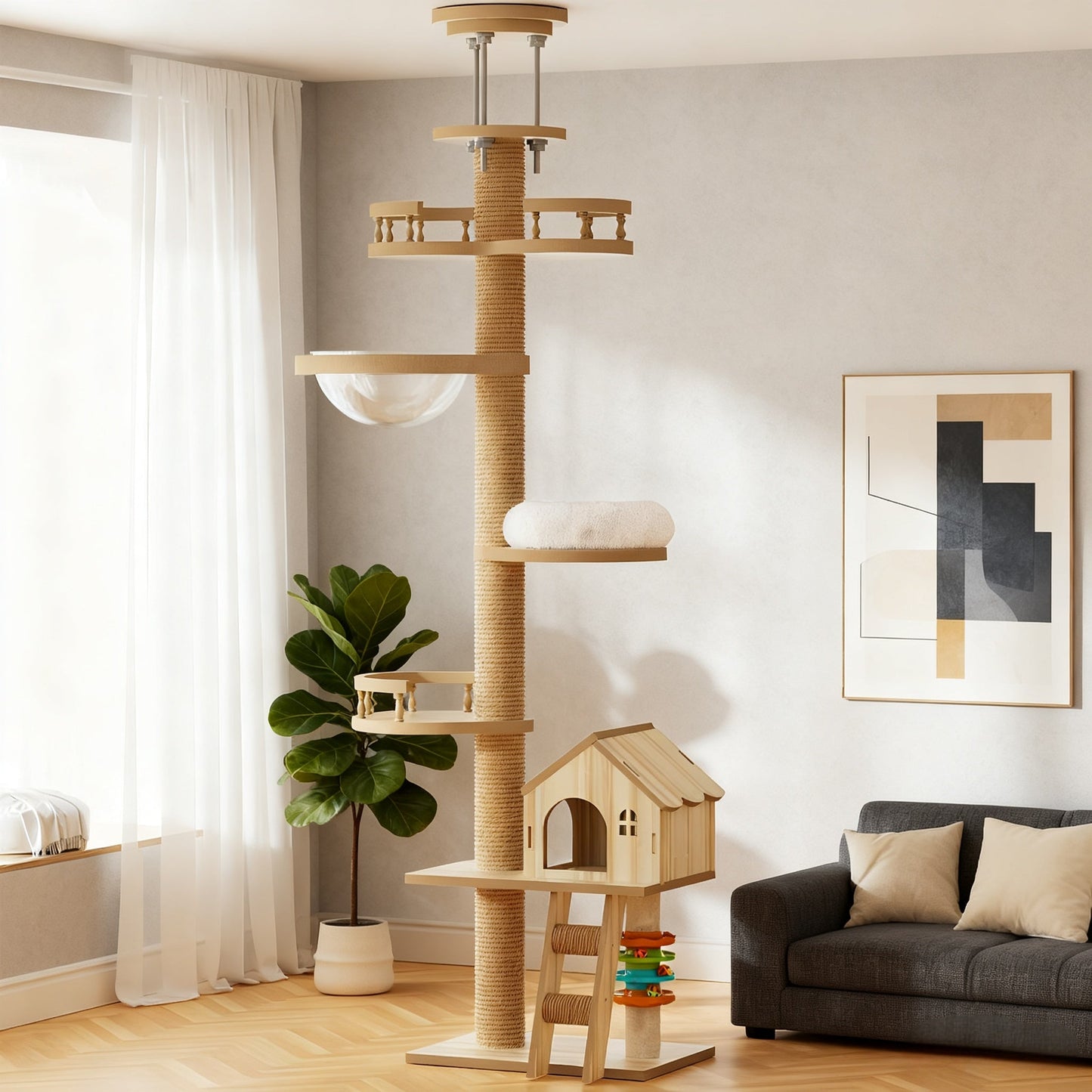 Floor to Ceiling Cat Tree with Adjustable Height and Condo Cave Bed
