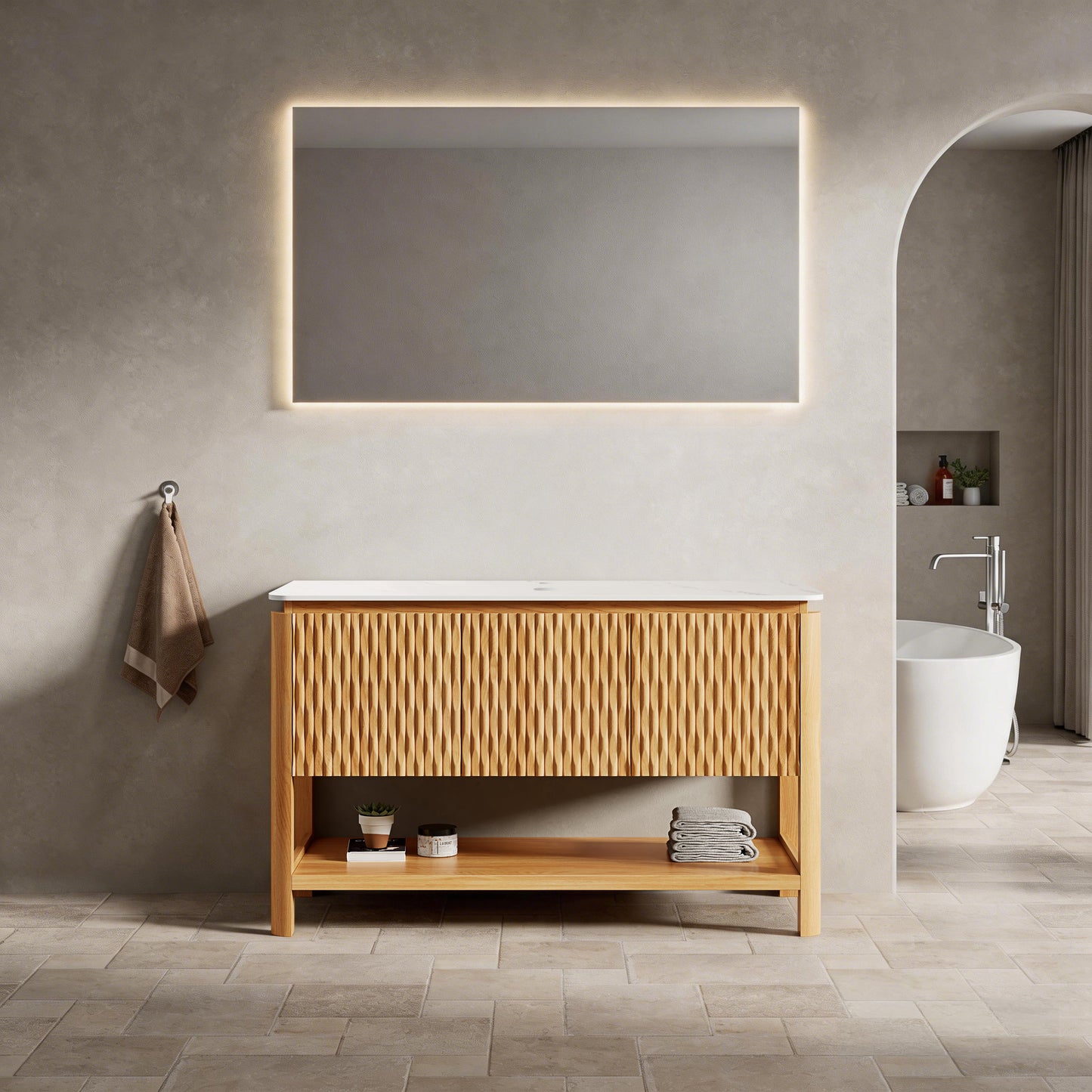 Sharma 48" Freestanding Cabinet with 3 Doors & Open Shelf, Carrara