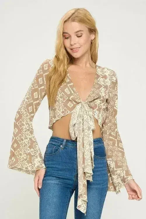 Boho Bell-Sleeve Crop Top | Floral Tie-Front | Sizes S-XL | Femstylo