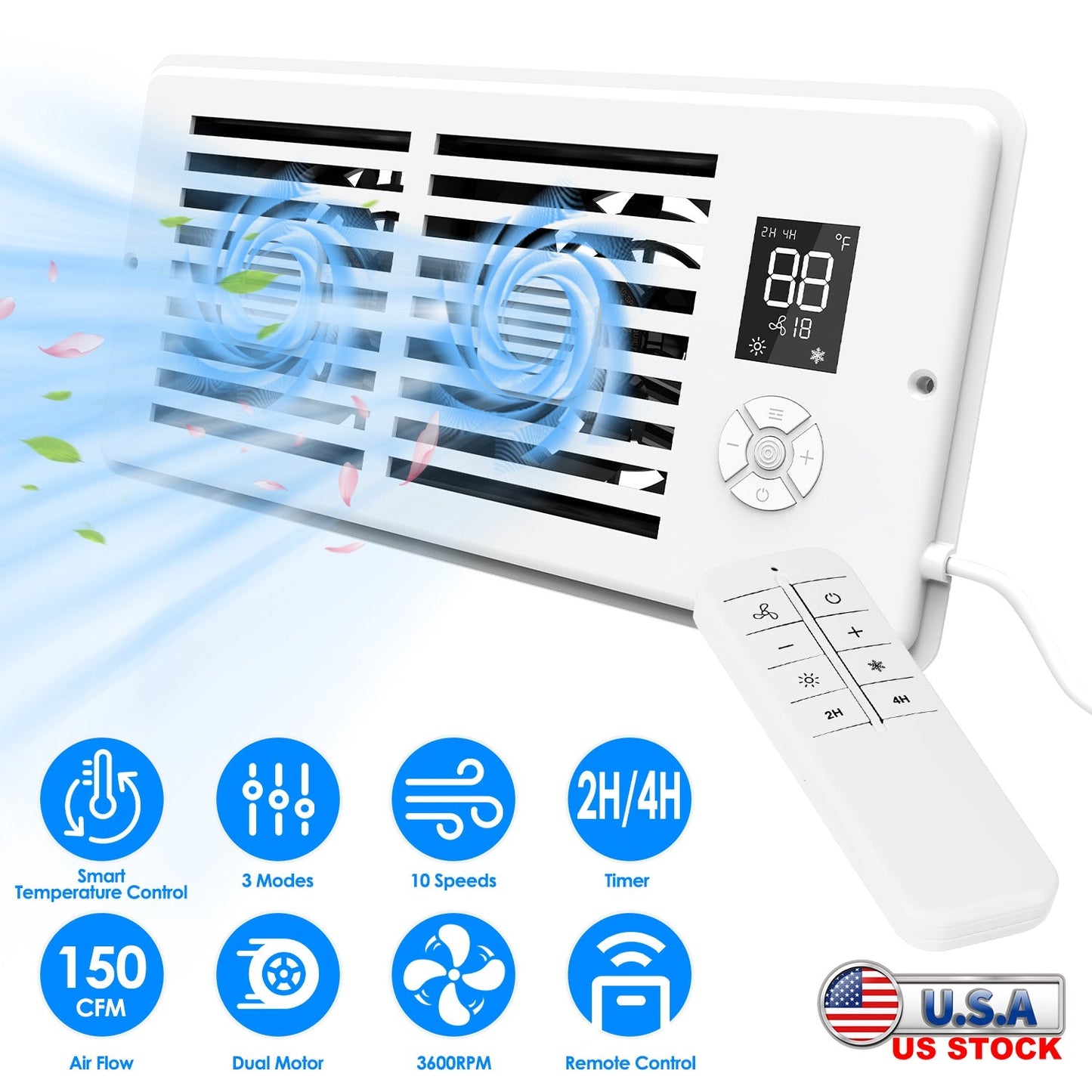 Register Booster Fan Smart AC Vent Booster Fan Fits 4" x 10" Register Holes with 3 Modes 10 Speeds 2H/4H Timer LCD Screen 2 Scent Diffuser Slots Remot