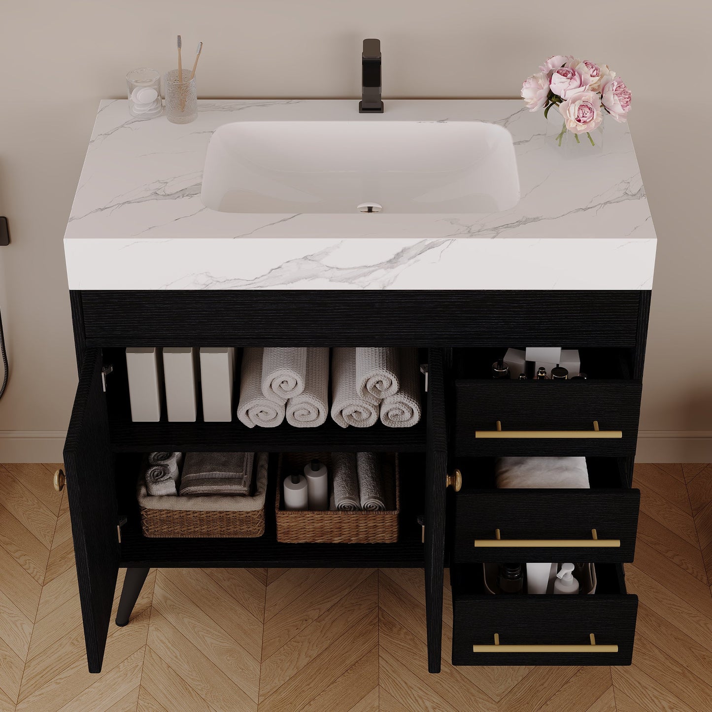 36" Freestanding Bathroom Vanity with Ceramic Sink and Faux Marble Top