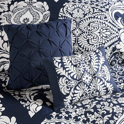7 Piece Cotton Printed Comforter Set - Indigo - Cal King