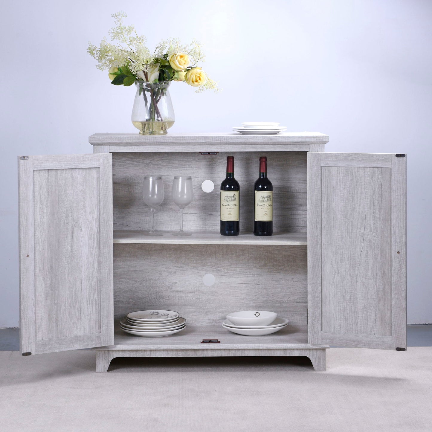 Elegant Sideboard With 2 Acrylic Mirrored Doors, Adjustable Shelf Storage