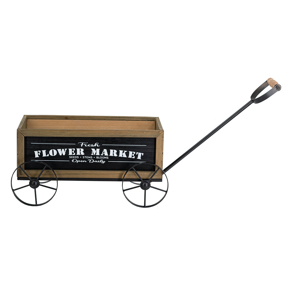 16.5x9.5x8" Rustic Wooden Wagon Planter with Flower Market Sign