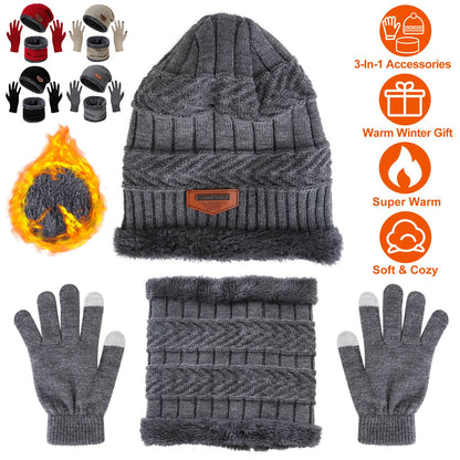 Winter Knitted Hat Scarf Gloves 3Pcs Winter Warm Beanie and Touch Screen Gloves Scarf Set Knit Beanie Skull Cap Neck Warmer Mittens for Men Women