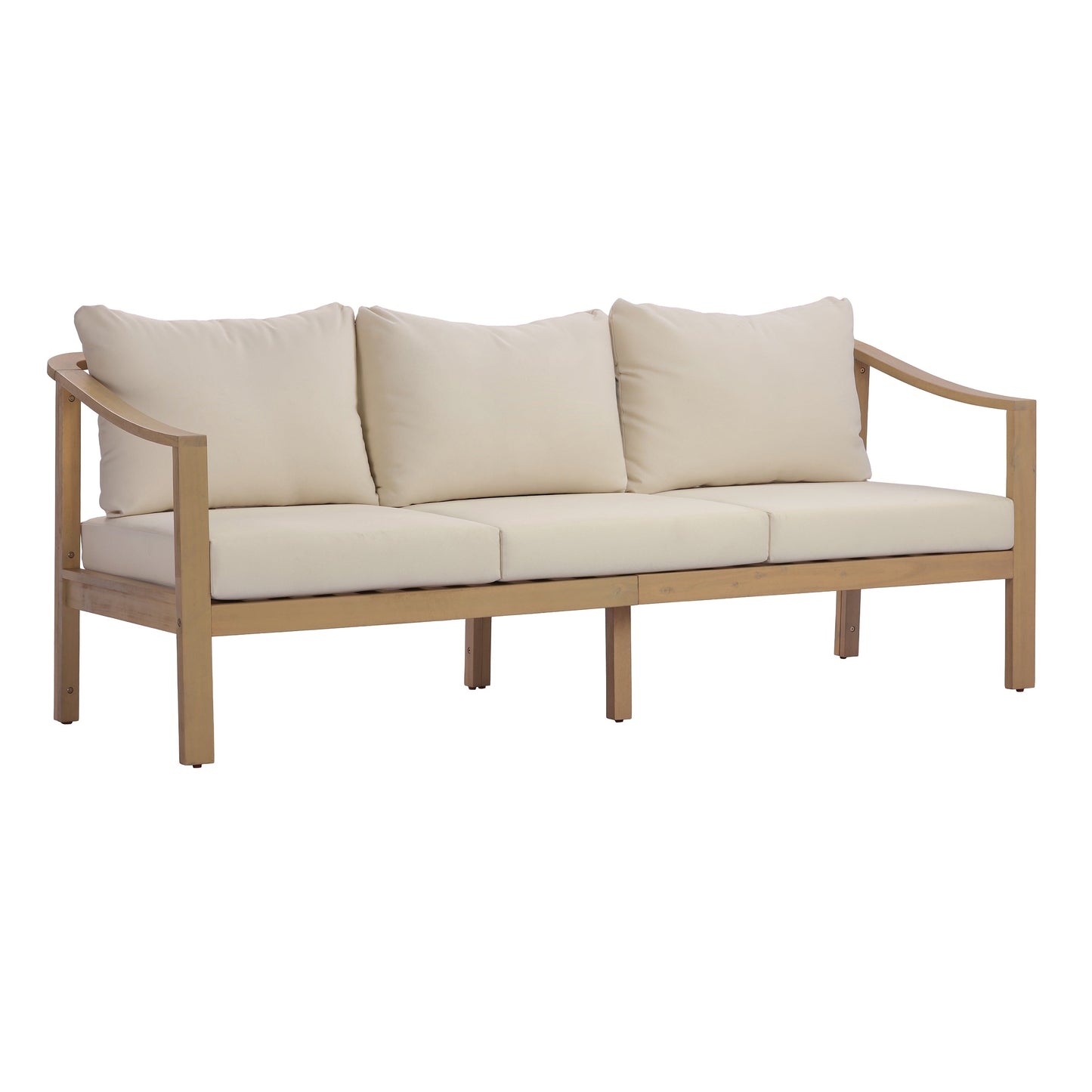 77.95" Outdoor Acacia Wood 3-Seater Sofa with Beige Cushions