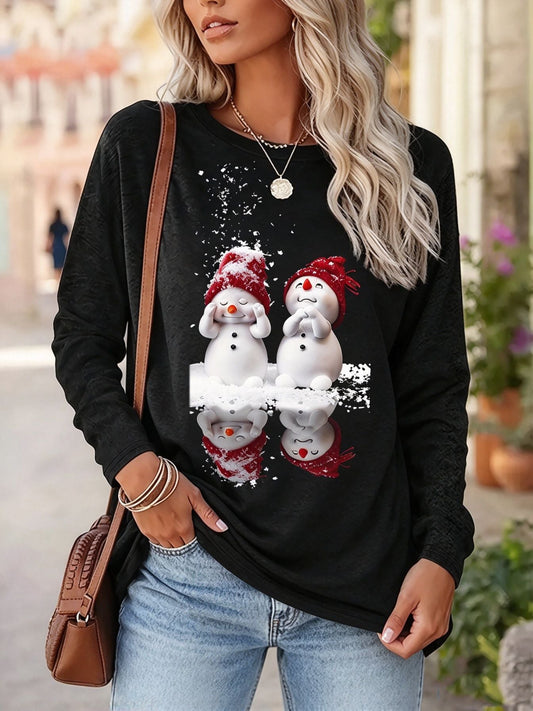 Cross-border European And American Autumn New Christmas Snowman Fun Reflection Printed Loose Casual Top Women's Clothing