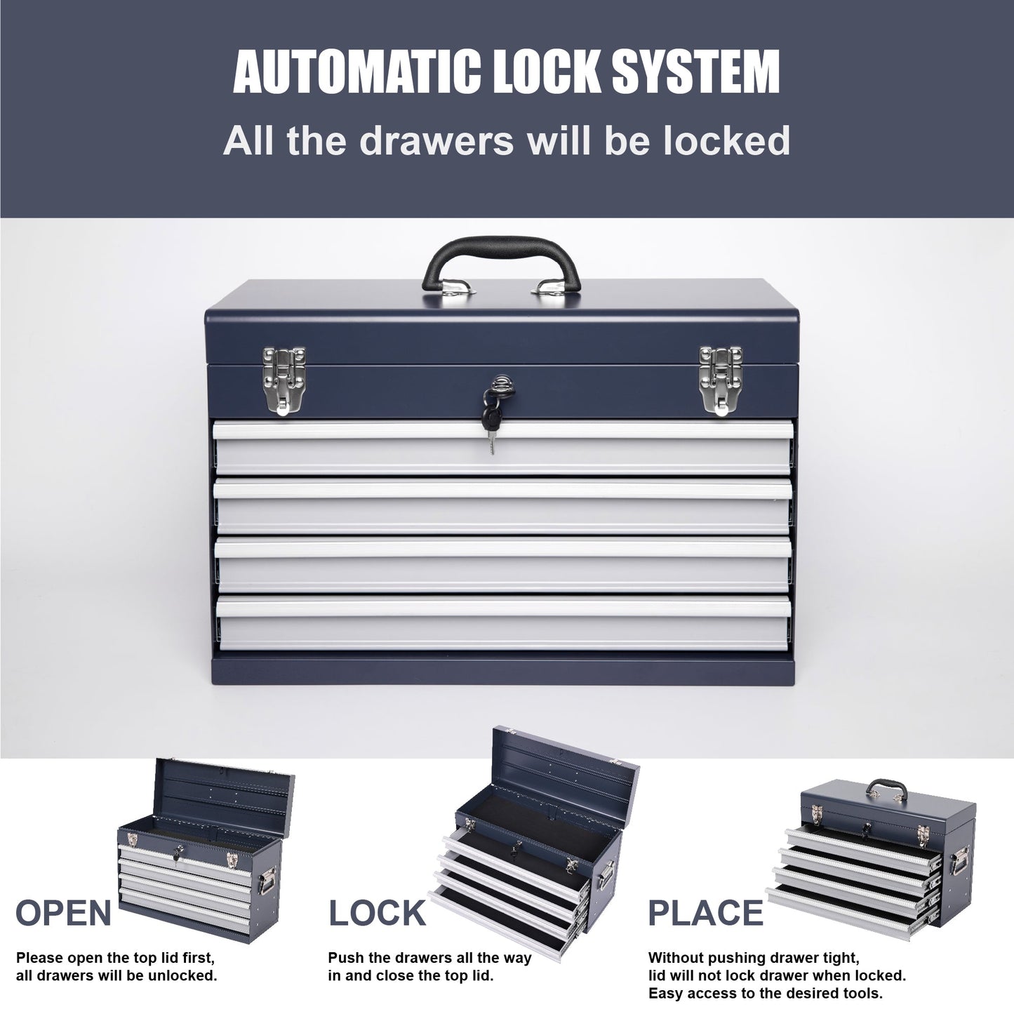 Heavy Duty Metal Tool Box, 21-inch with 4 Drawers