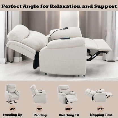 Chriki Beige Fabric Power Recliner with Lift, Heating, and Massage