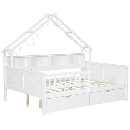 House Style Platform Bed With LED Lights, Storage Shelves, Drawers, And Guardrail