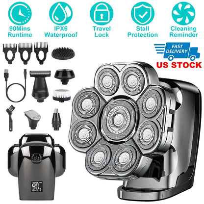 6 In 1 9D Electric Head Shaver for Men Cordless Rechargeable Wet Dry Razor with LED Display Travel Lock Stall Protection Cleaning Reminder