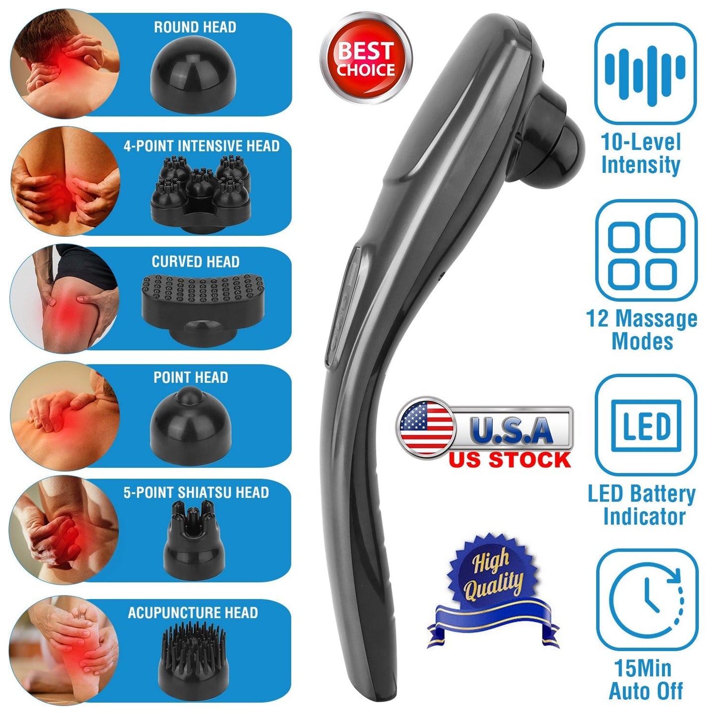 Cordless Handheld Back Massager Deep Tissue Rechargeable Electric Massager w/ 12 Modes 10 Intensity 6 Interchangeable Nodes For Muscle Foot Neck Shoul