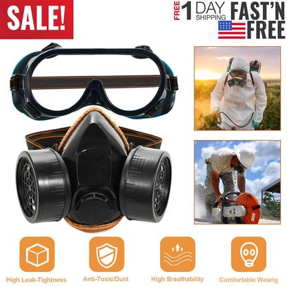 Respirator Mask Anti-Dust Industrial Gas Mask Paint Chemical Spray Protective Mask w/Goggles Dual Filter Cartridge
