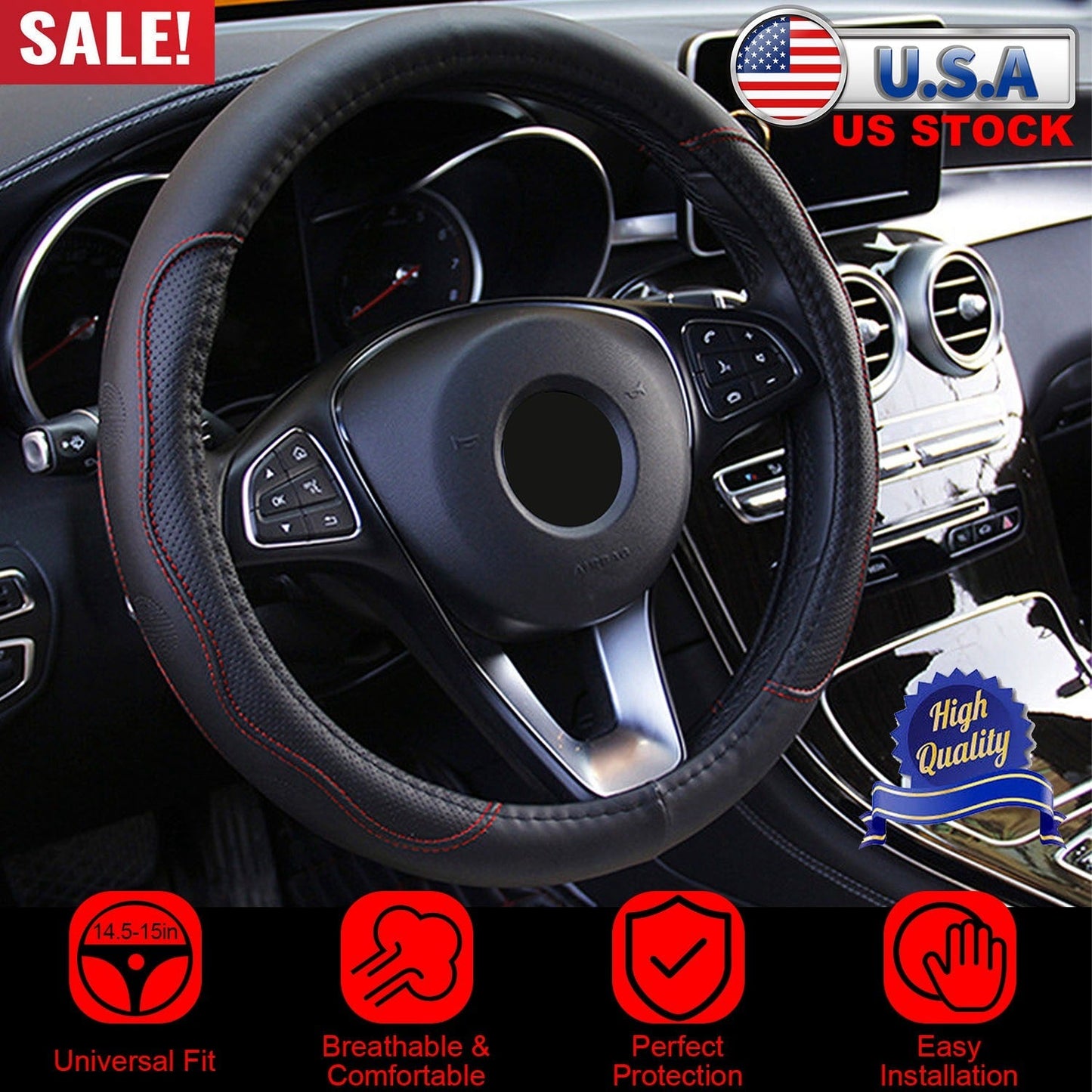 Steering Wheel Cover 14.5in-15in Diameter Universal Fiber Leather Car Steering Wheel Protector Breathable Anti-Slip Odor Free