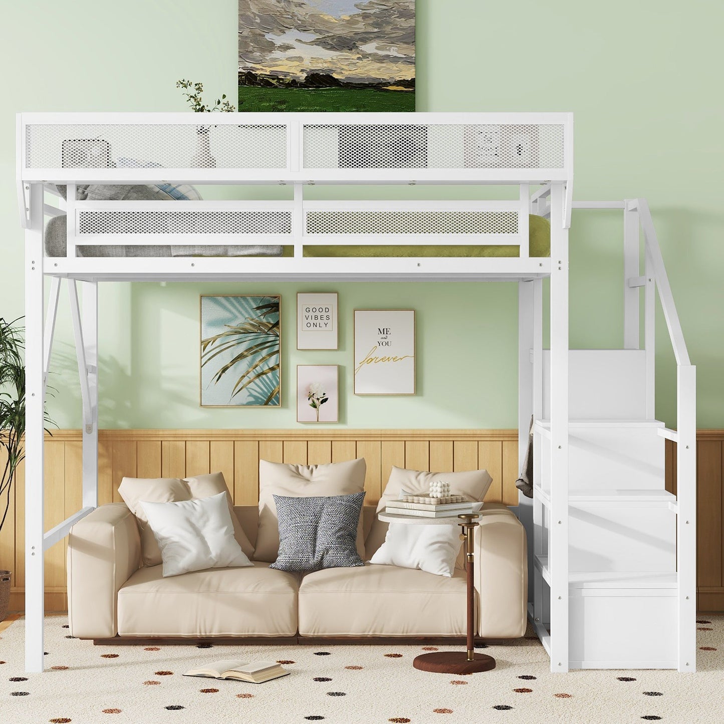 Full Size Loft Bed with Stairs and Storage Shelves