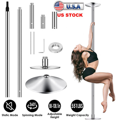 Dance Pole 45mm Spinning Static Dancing Pole with 88-108.1in Adjustable Height 551LBS Weight Capacity for Fitness Exercise Party Home Club Gy