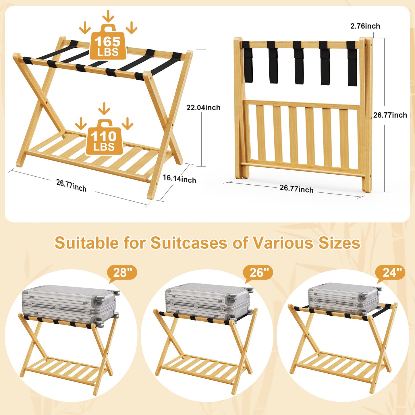 Folding Bamboo Luggage Rack with Lower Storage Shelf