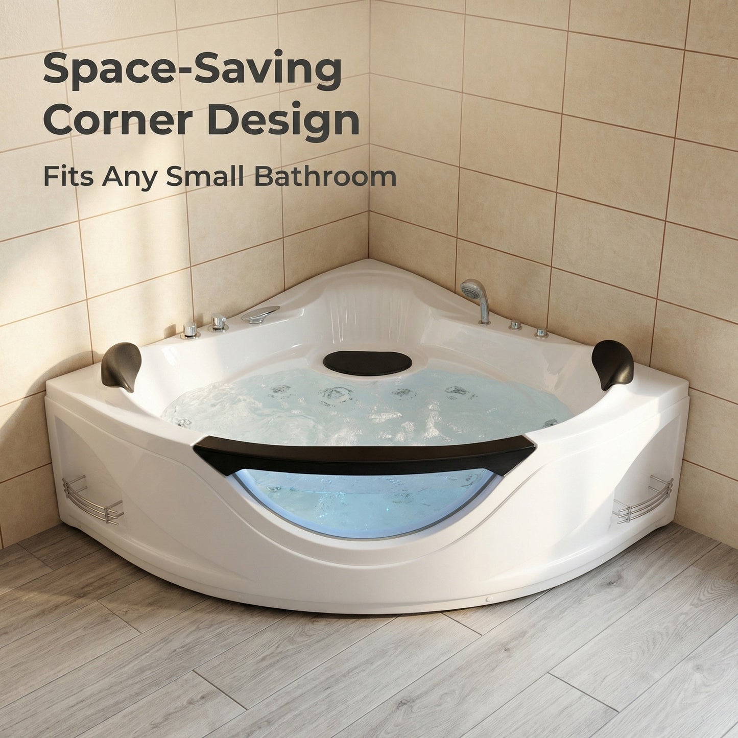 59" Corner Whirlpool Bathtub for 2-Person
